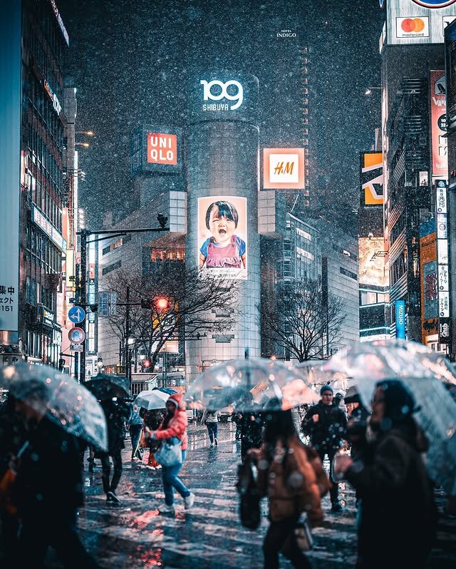 Umbrellas and Neon Glow